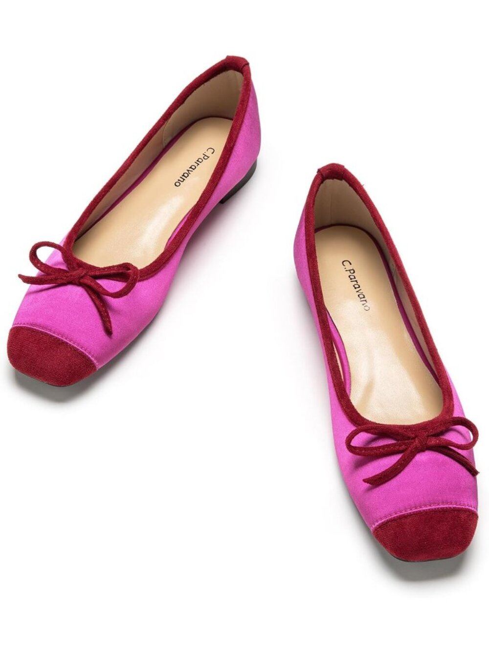 Women's Hot Pink Ballet Flats Square Toe Bow Slip On Dressy Flats Pull-On Shoes